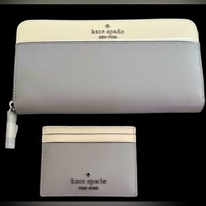 kate spade zip full size wallet card holder bundle platinum gray ivory $328 new